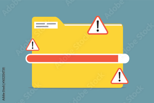 Full storage concept. warning if file storage space is almost full. file and archive management. Yellow folder and tringle warning symbols with exclamation marks. icon or symbol