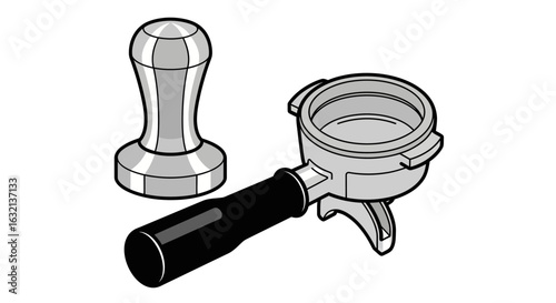 Illustration showing a coffee tamper and portafilter used in espresso preparation process at home