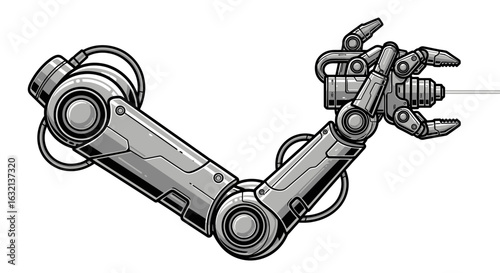 Illustration of a robotic arm with a laser beam extending from its claw like appendage design