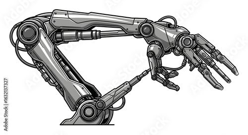 Illustration of a detailed metallic robot arm with articulated fingers and visible wiring system components