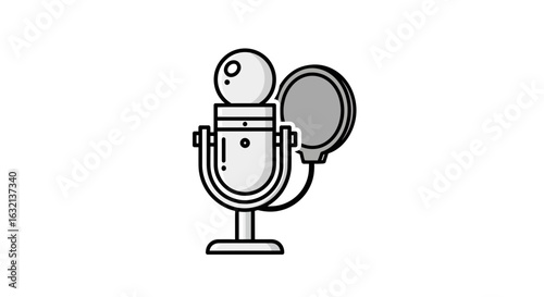 Illustration of a studio microphone with a pop filter in shades of gray and black outlines