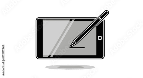 Illustration of a tablet with a stylus drawing a line on the screen in a minimalist style