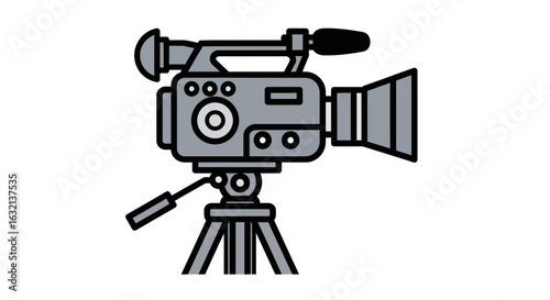 Illustration of a gray video camera on a tripod with a microphone and lens pointed to the right