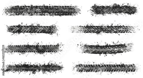 Vector black-and-white tire tracks and skid marks designed for rally, motocross, drifting, drag racing, and off-road vehicles, featuring grunge splatter and tread patterns for car and bike graphics.

