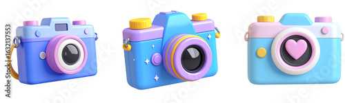 Set Floating Cartoon Camera Icon with Strap and Shadow, Side View 3D Render, isolated on transparent background