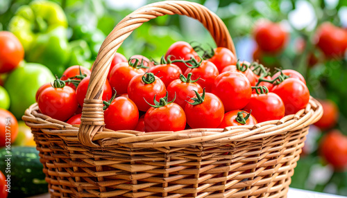Wicker basket full of cherry tomatoes with green bell pepper