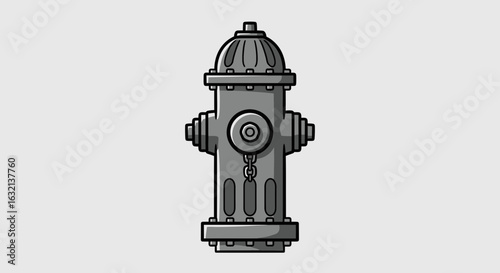 Illustration of a gray fire hydrant with a chain and three vertical openings on a light background