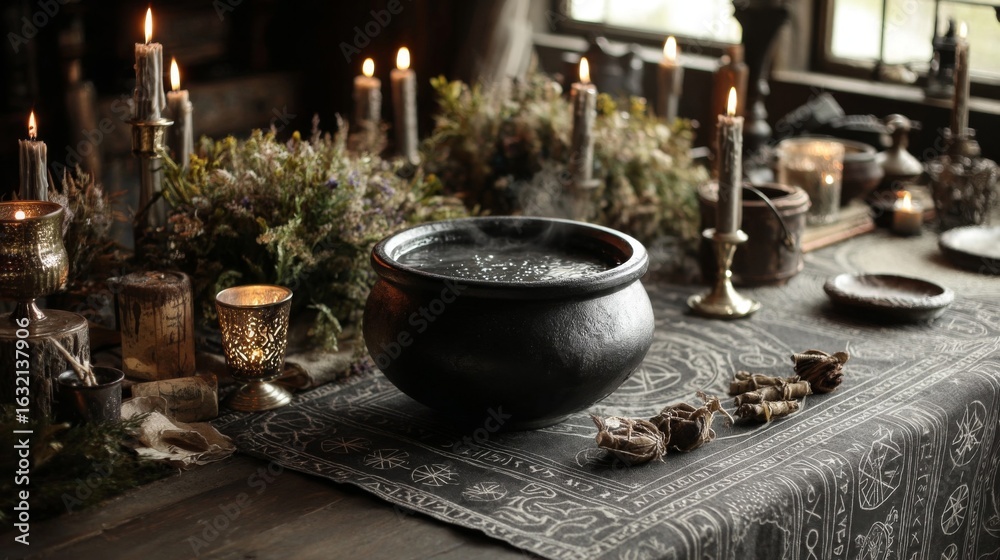 Steaming Cauldron with Lit Candles on Rustic Table Steaming Cauldron with Lit Candles on Rustic Table