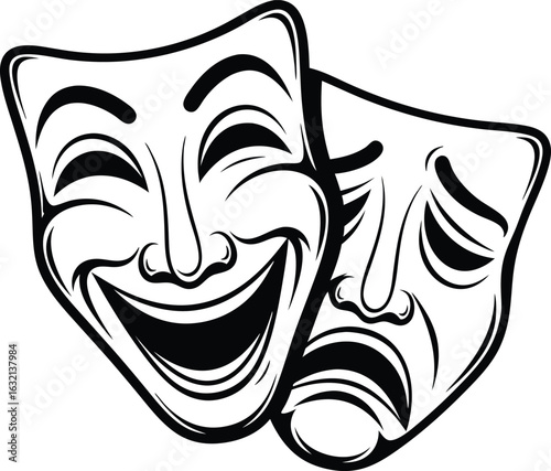 Classic comedy and tragedy theater masks symbolizing joy and sadness in black and white