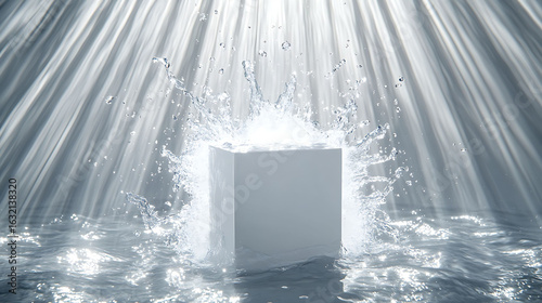 Clean white carton centered with symmetrical burst of water surrounding it in slow motion, sunlight from overhead forming high-contrast detail lines,