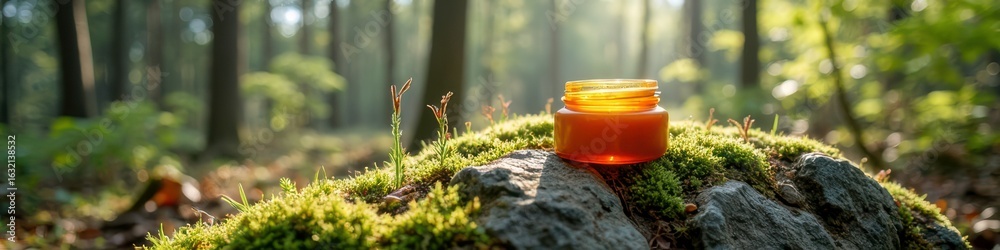 Obraz premium Amber jar on mossy forest rock amidst sunlit trees in tranquil woodland scene