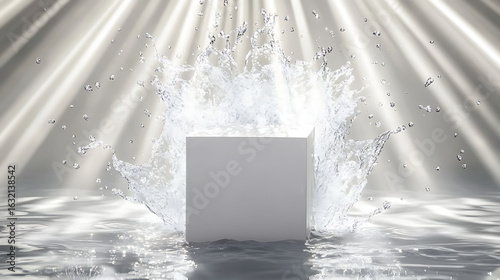 Clean white carton centered with symmetrical burst of water surrounding it in slow motion, sunlight from overhead forming high-contrast detail lines,