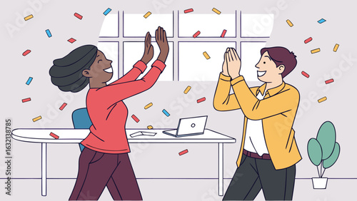 Two colleagues celebrating with a high five in an office with confetti and a laptop on the desk near a plant