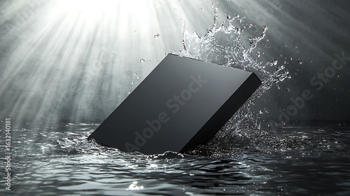 Jet-black carton diagonally positioned over a textured, shallow water layer, splash captured in motion, light breaking through above adds dynamic highlights,