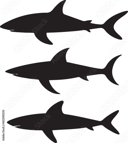 Set of three black shark silhouettes