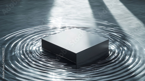 Matte ash-grey carton surrounded by circular ripples in motion, clean highlight line from sunlight directly above, minimalist water-glass effect on the floor,
