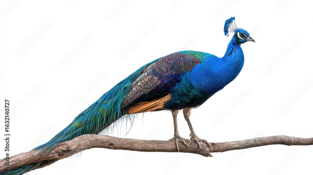 Obraz premium Peacock Perched on a Branch Isolated Against a Clean Background