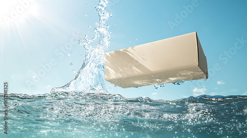 Minimal ivory carton floating above a clear water surface, splash rising from below with overhead sunlight casting clean shadows, modern composition,