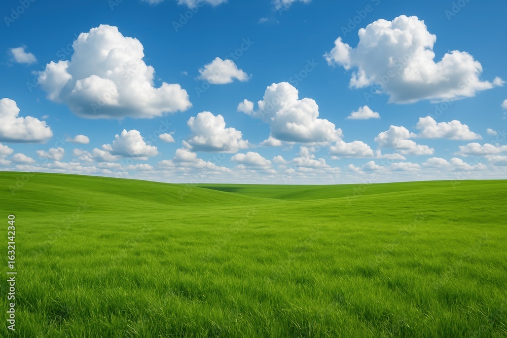 Naklejka premium Rolling emerald meadow landscape with puffy white clouds floating in brilliant azure summer sky