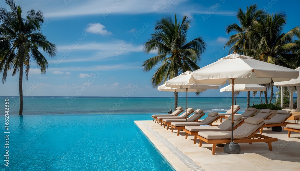 Fototapeta premium Tropical Paradise: A stunning coastal view, featuring a crystal-clear swimming pool overlooking the calm turquoise ocean, complemented by palm trees and sun umbrellas.