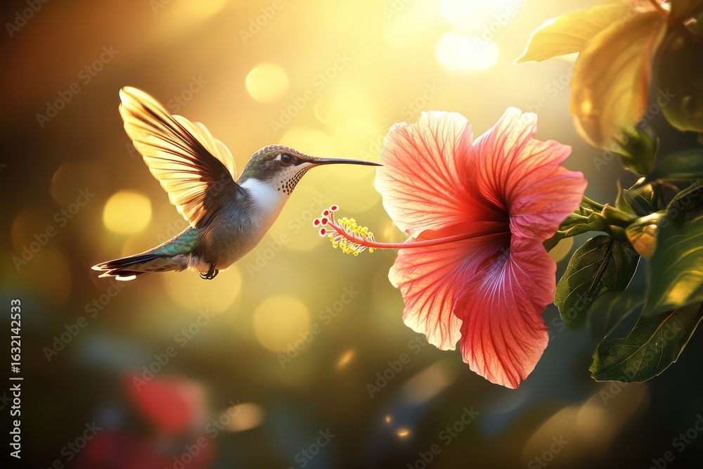 Fototapeta premium Ruby-throated hummingbird hovering by red hibiscus flower