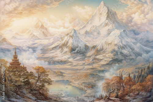 A fantastic mountain landscape, made in pastel and watercolor tones. In the foreground there is a fairy-tale temple with oriental architecture, located on a hillside.  