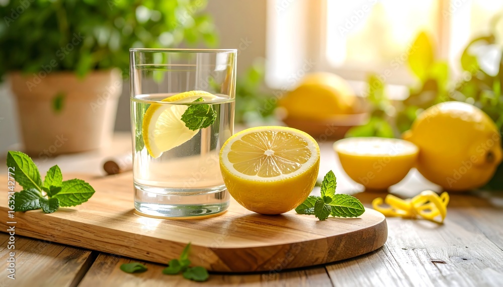 Fototapeta premium Refreshing Lemon Water with Mint on Wooden Board in Sunlight