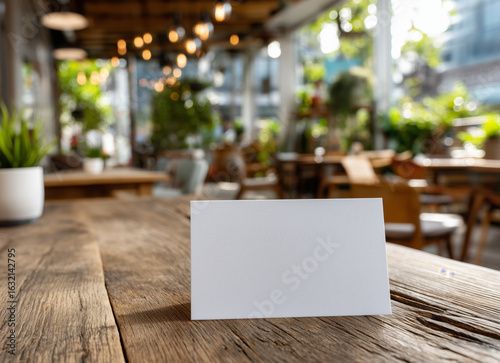 Blank card on wooden table in a cozy, well-lit caf�� with greenery and modern decor