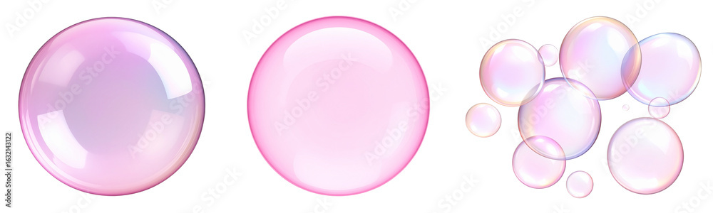 Obraz premium Set Shiny Pink Soap Bubble with Rainbow Hues, Side View with Depth Blur, isolated on transparent background PNG