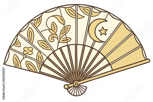Traditional hand fan with floral patterns and moon star decorative motif