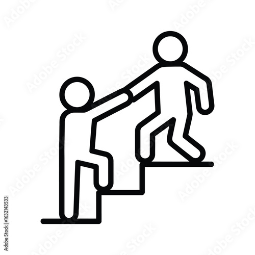 Two people climbing stairs, one helping the other, symbolizing teamwork and assistance.

