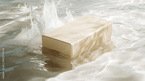 Textured soft-beige carton partially submerged in shallow water, subtle splash mid-rise behind it, minimalist shadows and clean overhead illumination,