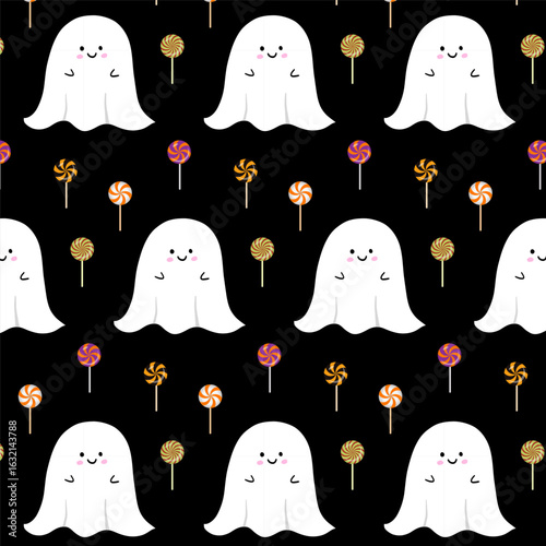Happy halloween seamless pattern.Little monster, spooky ghost and lollipops repeat pattern isolated on black background.Vector graphic cute boo cartoon illustration background.