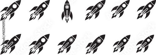 Rocket vector illustration in cartoon art style with simple design and metal elements, Rocket Ship Icon Set Black Silhouette Vector for Startup and Space.