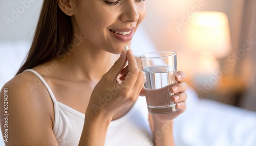 Realistic HD close-up photograph of a young woman taking one pill at night, softly illuminated by warm bedside lamp light, calm and focused expression, holding a glass of water in one hand and a singl