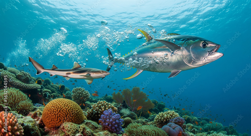 Fototapeta premium Coral Reef Encounter: Tuna and Shark