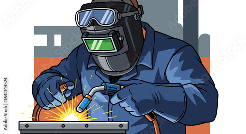 Illustration showing a welder in full protective gear welding metal with bright sparks and welding equipment