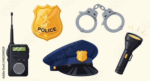 Illustration showing a police badge handcuffs walkie talkie hat and flashlight on a cream colored background