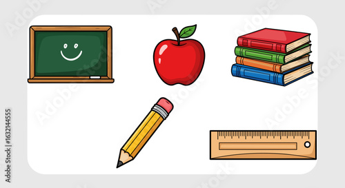 Illustration of a chalkboard with a smiley face apple books pencil and ruler on a white background