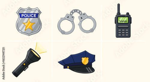 Illustration showing police badge, handcuffs, radio, flashlight, and police hat on a plain background