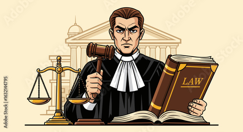 Illustration of a stern judge holding a gavel and law book with scales and courthouse backdrop