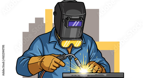 Illustration of a welder wearing protective gear welding metal with sparks flying in a workshop setting