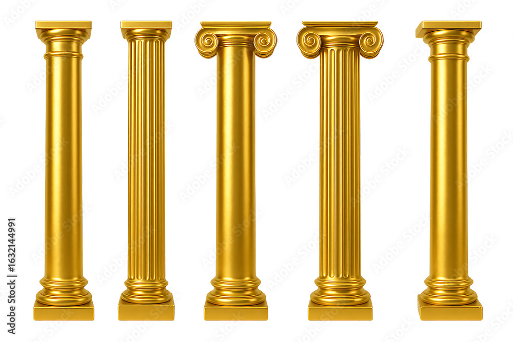 Fototapeta premium Set of golden greek or roman arc columns in various styles including doric ionic corinthian capitals isolated on transparent background