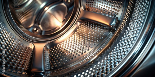 Close-up view of a metallic drum interior, showcasing intricate detailing and reflective surfaces, emphasizing modern appliance design and engineering