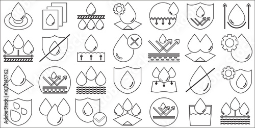 Waterproof icons. Collection of water resistant signs.  Anti wetting material, hydrophobic fabric, surface protection. Vector illustration. EPS 10/AI