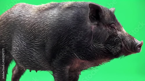 Dark Domestic Pig in Profile on Bright Green Background. Pot-Bellied Swine Isolated for Chroma Key Compositing and Animal-Themed Design Projects.