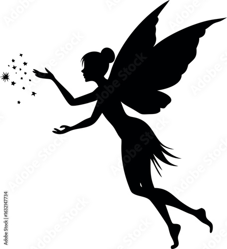 Whimsical fairy silhouette with ornate wings