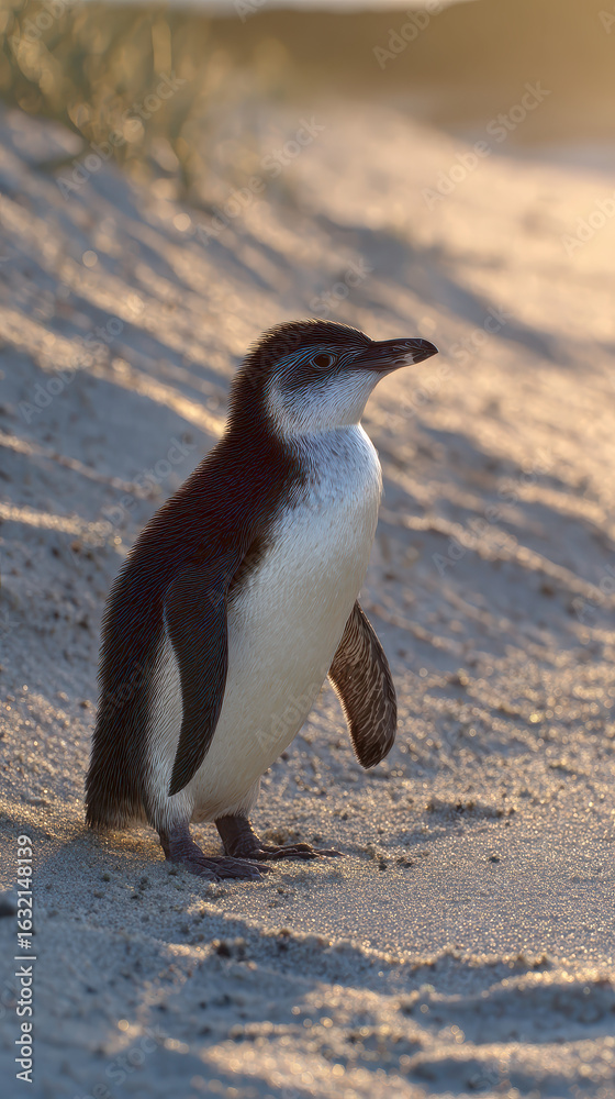 Obraz premium Penguin on a Beach Soft Morning Light Clean Background