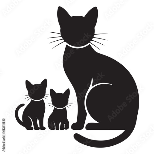 Cute vector cartoon black cat and kitten silhouettes, animal pets illustration art