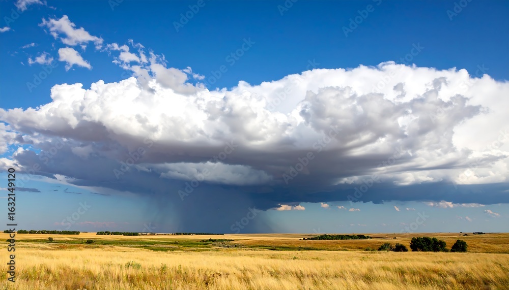 Fototapeta premium Dramatic prairie landscape featuring towering storm cloud and vibrant grassland